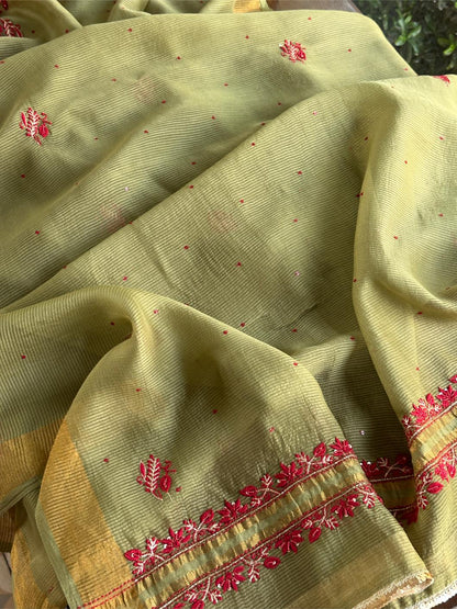 Olive Green Banarasi Zari Chanderi Unstitched Chikankari Fabric