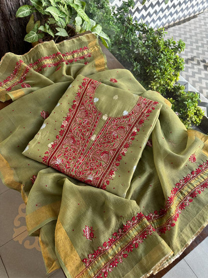 Olive Green Banarasi Zari Chanderi Unstitched Chikankari Fabric
