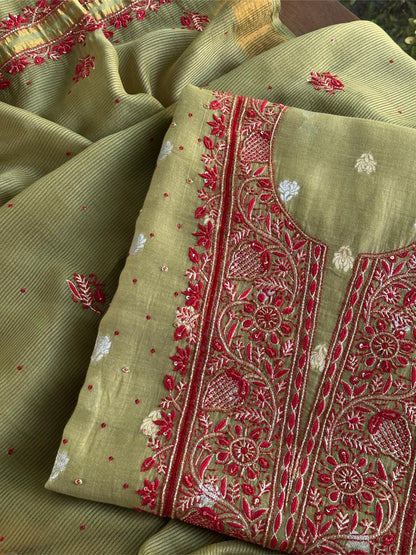 Olive Green Banarasi Zari Chanderi Unstitched Chikankari Fabric
