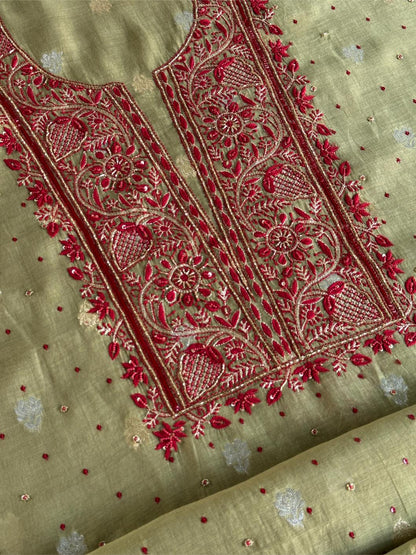 Olive Green Banarasi Zari Chanderi Unstitched Chikankari Fabric