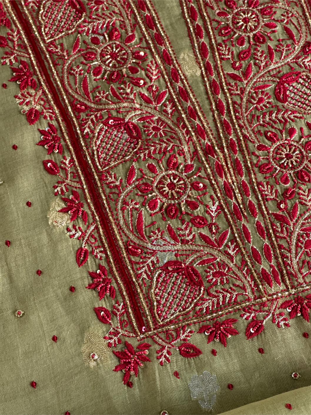 Olive Green Banarasi Zari Chanderi Unstitched Chikankari Fabric