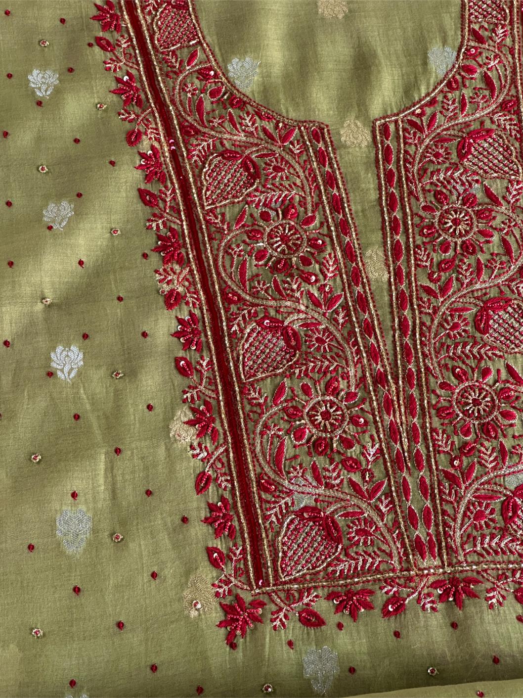 Olive Green Banarasi Zari Chanderi Unstitched Chikankari Fabric