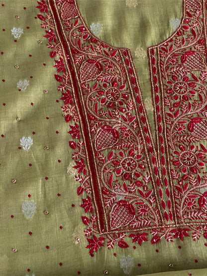 Olive Green Banarasi Zari Chanderi Unstitched Chikankari Fabric