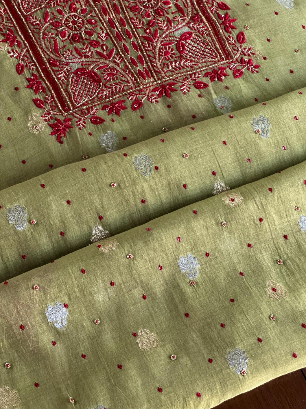 Olive Green Banarasi Zari Chanderi Unstitched Chikankari Fabric