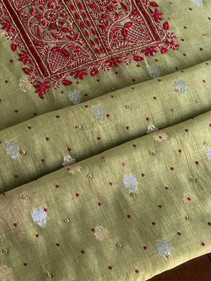 Olive Green Banarasi Zari Chanderi Unstitched Chikankari Fabric