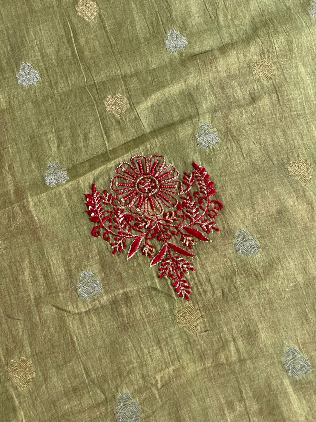 Olive Green Banarasi Zari Chanderi Unstitched Chikankari Fabric