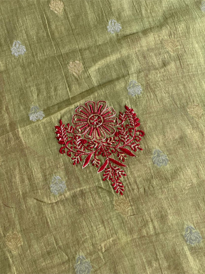 Olive Green Banarasi Zari Chanderi Unstitched Chikankari Fabric