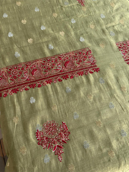 Olive Green Banarasi Zari Chanderi Unstitched Chikankari Fabric
