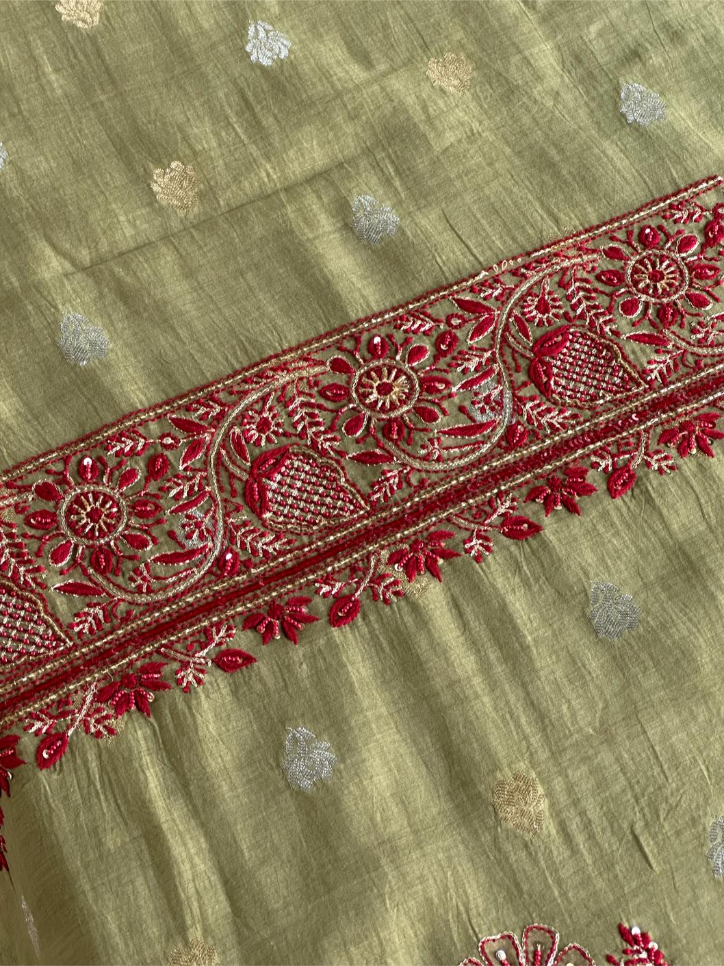 Olive Green Banarasi Zari Chanderi Unstitched Chikankari Fabric