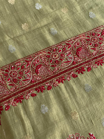 Olive Green Banarasi Zari Chanderi Unstitched Chikankari Fabric