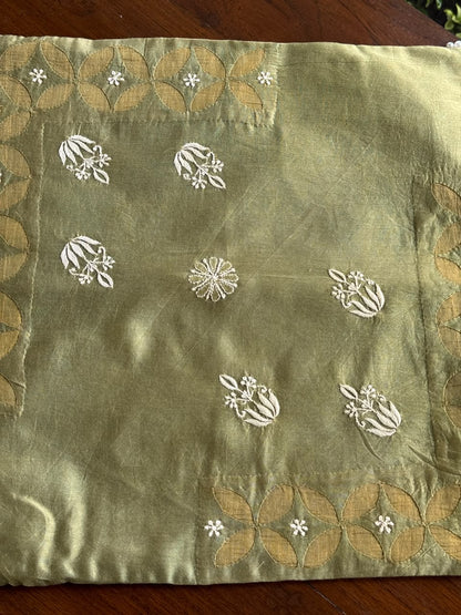 Olive Green Chanderi Cushion Cover with Floral Embroidery