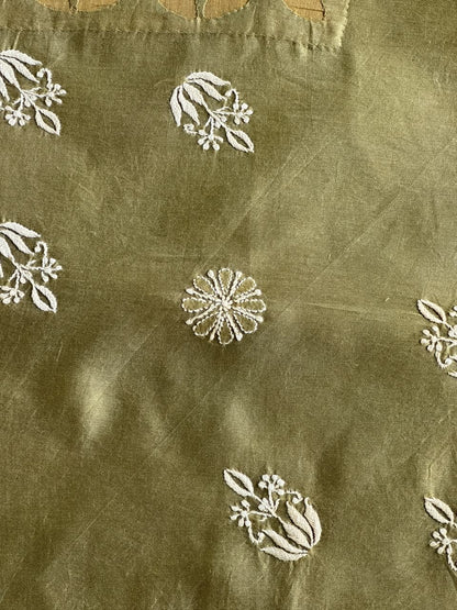 Olive Green Chanderi Cushion Cover with Floral Embroidery