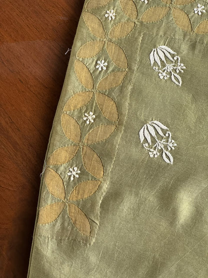 Olive Green Chanderi Cushion Cover with Floral Embroidery
