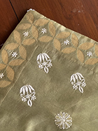 Olive Green Chanderi Cushion Cover with Floral Embroidery
