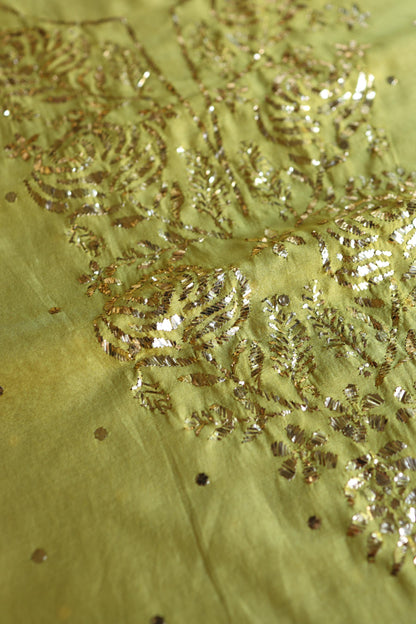 Olive Green Chanderi Silk Mukaish Badla Unstitched Fabric