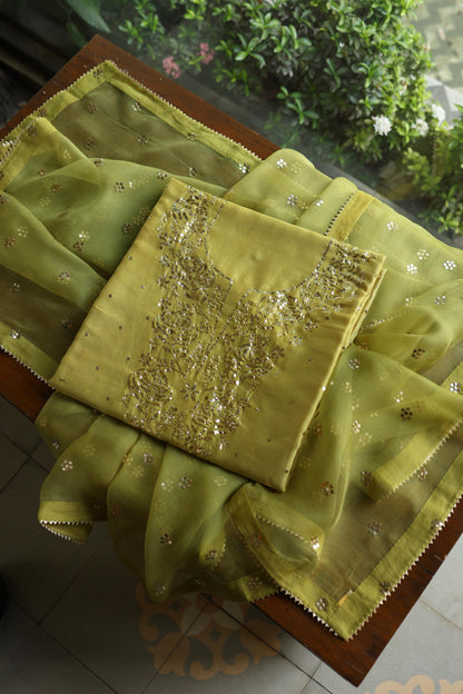 Olive Green Chanderi Silk Mukaish Badla Unstitched Fabric