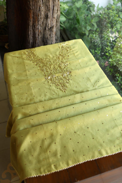 Olive Green Chanderi Silk Mukaish Badla Unstitched Fabric