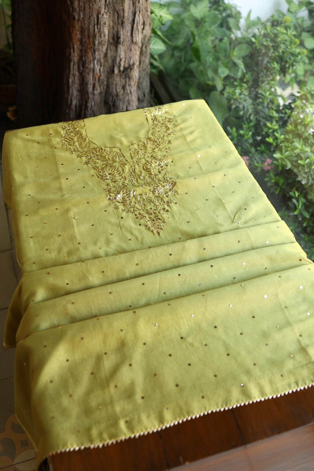 Olive Green Chanderi Silk Mukaish Badla Unstitched Fabric