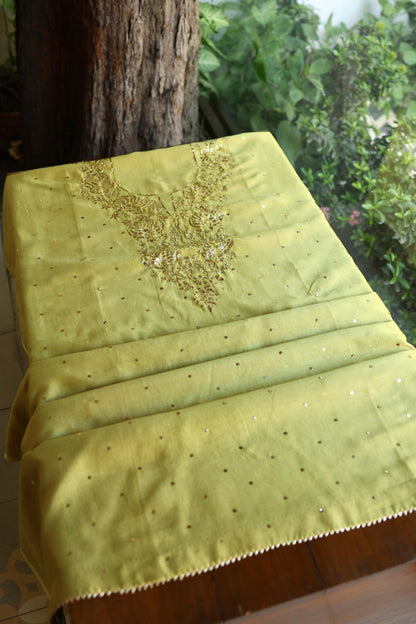 Olive Green Chanderi Silk Mukaish Badla Unstitched Fabric