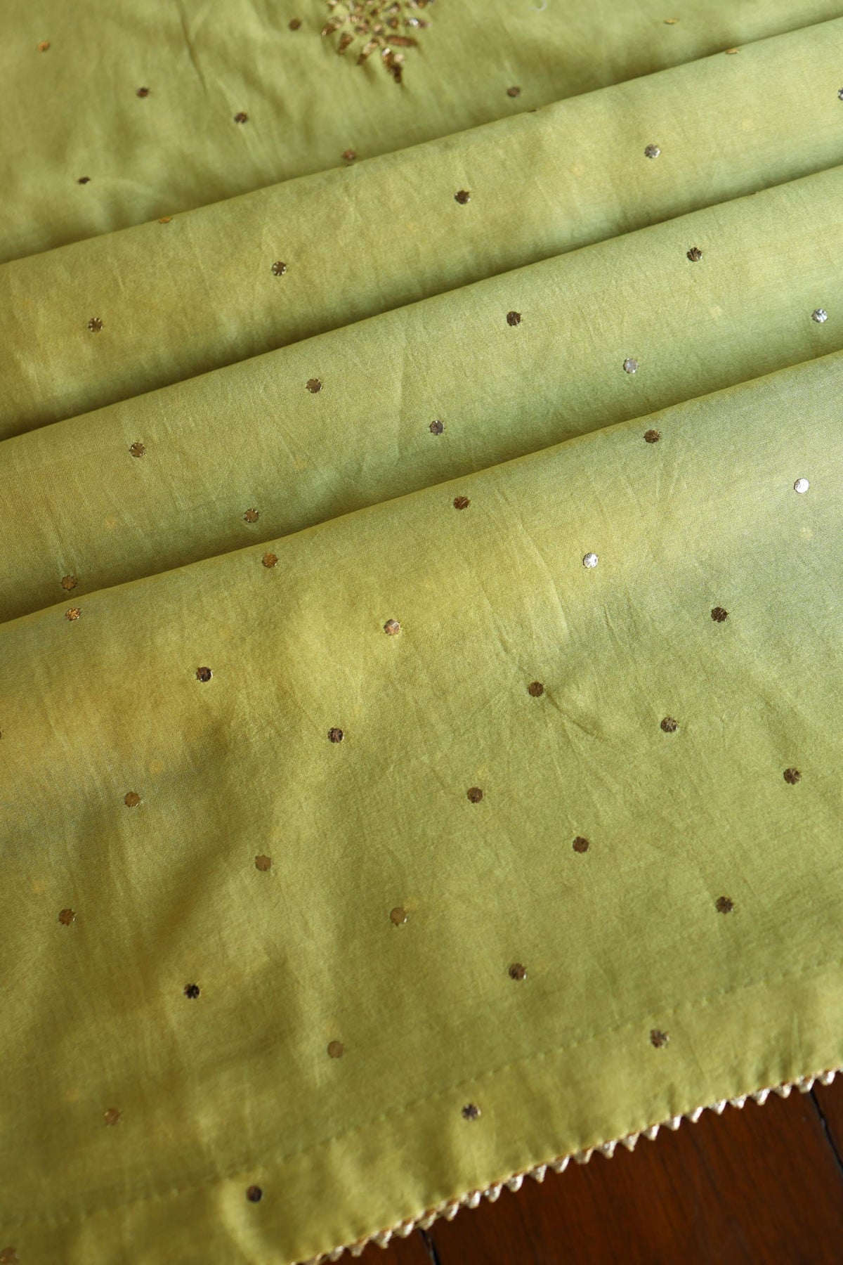 Olive Green Chanderi Silk Mukaish Badla Unstitched Fabric