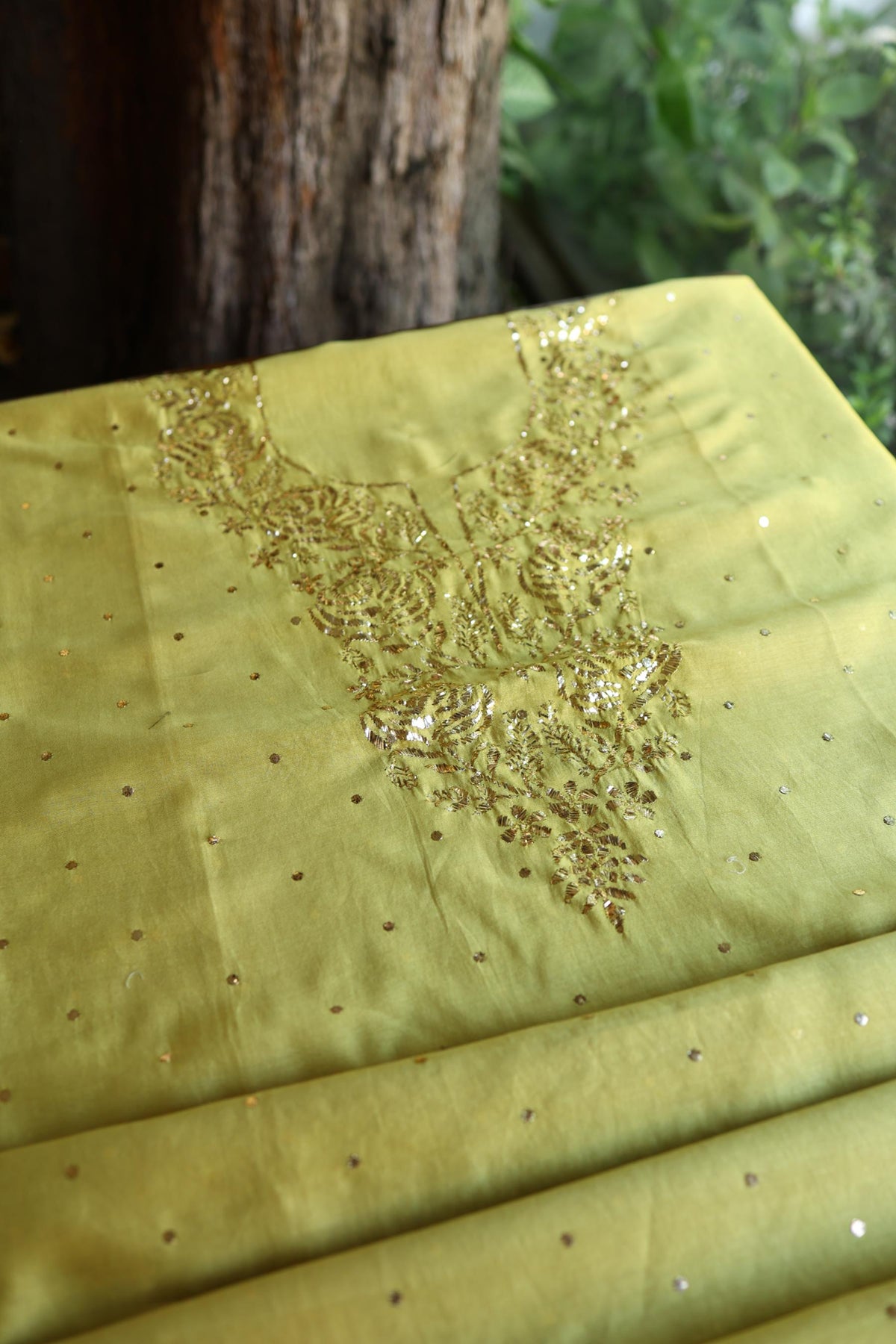 Olive Green Chanderi Silk Mukaish Badla Unstitched Fabric