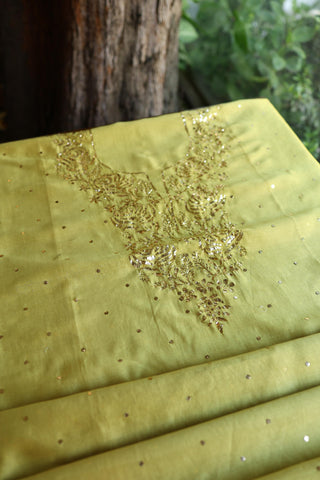 Olive Green Chanderi Silk Mukaish Badla Unstitched Fabric