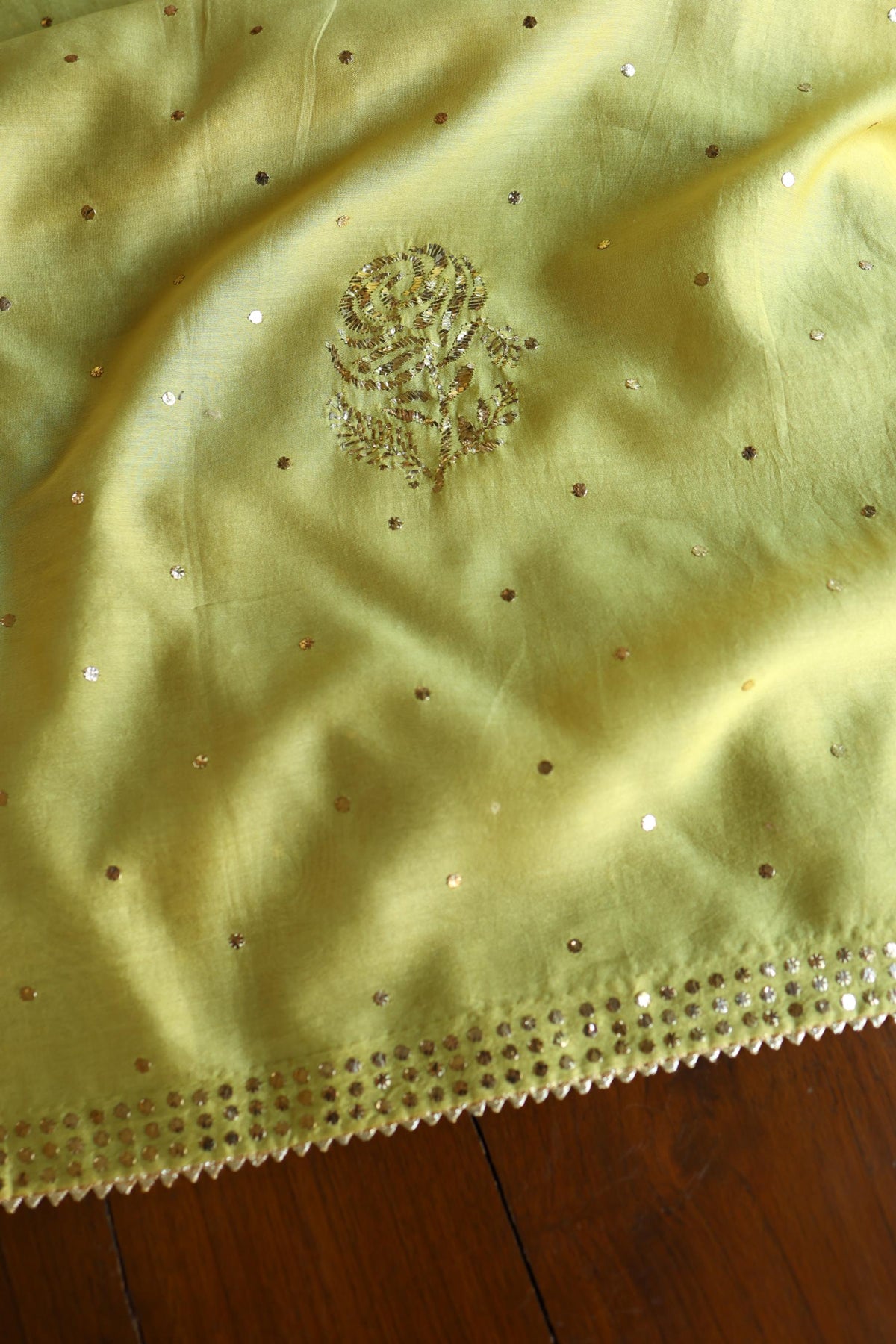 Olive Green Chanderi Silk Mukaish Badla Unstitched Fabric