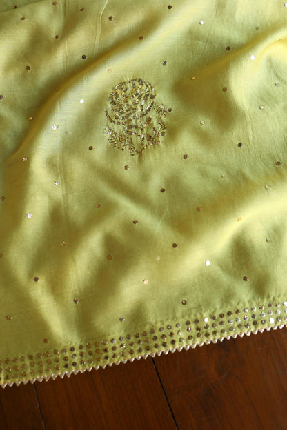 Olive Green Chanderi Silk Mukaish Badla Unstitched Fabric