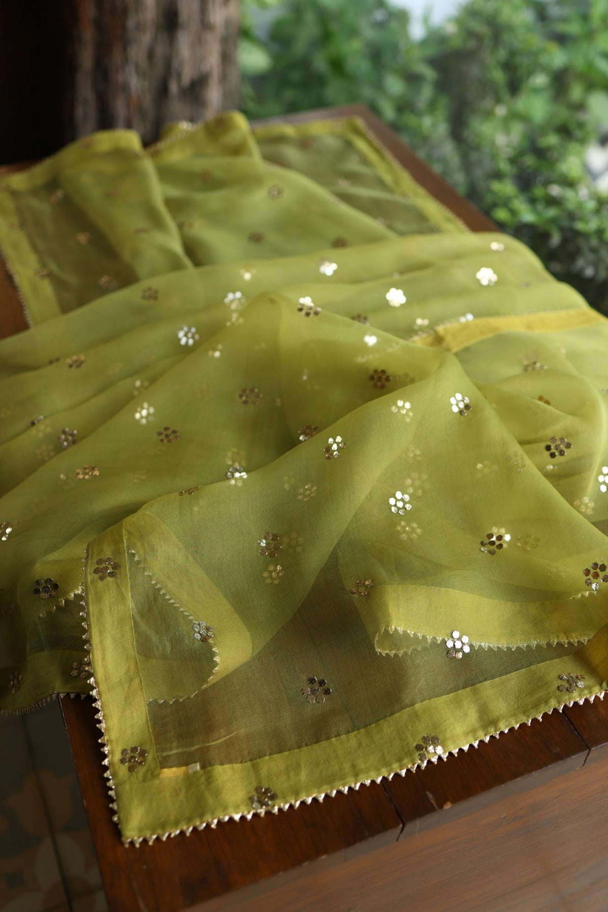 Olive Green Chanderi Silk Mukaish Badla Unstitched Fabric