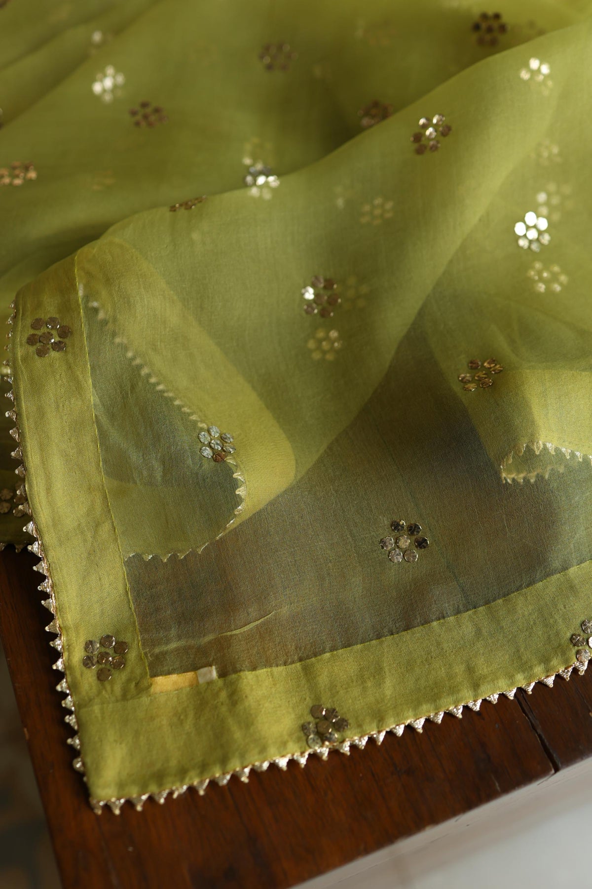 Olive Green Chanderi Silk Mukaish Badla Unstitched Fabric