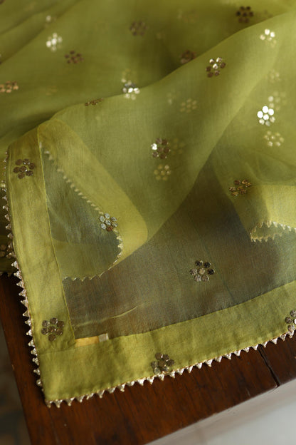 Olive Green Chanderi Silk Mukaish Badla Unstitched Fabric