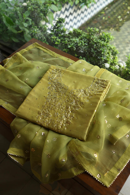 Olive Green Chanderi Silk Mukaish Badla Unstitched Fabric