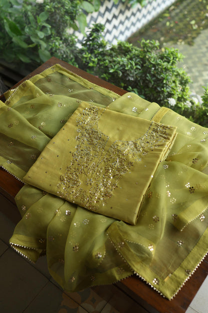 Olive Green Chanderi Silk Mukaish Badla Unstitched Fabric