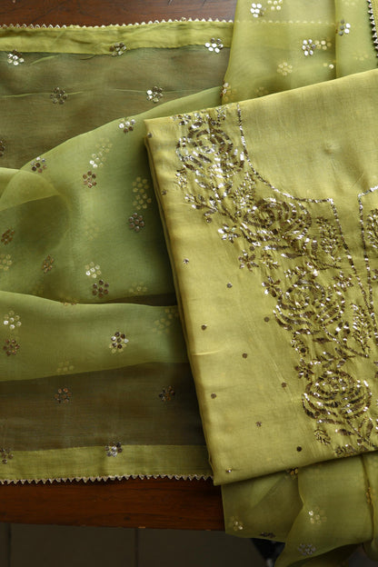 Olive Green Chanderi Silk Mukaish Badla Unstitched Fabric