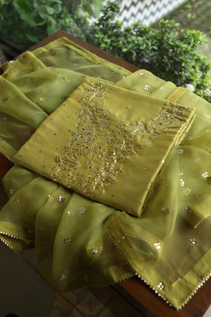 Olive Green Chanderi Silk Mukaish Badla Unstitched Fabric
