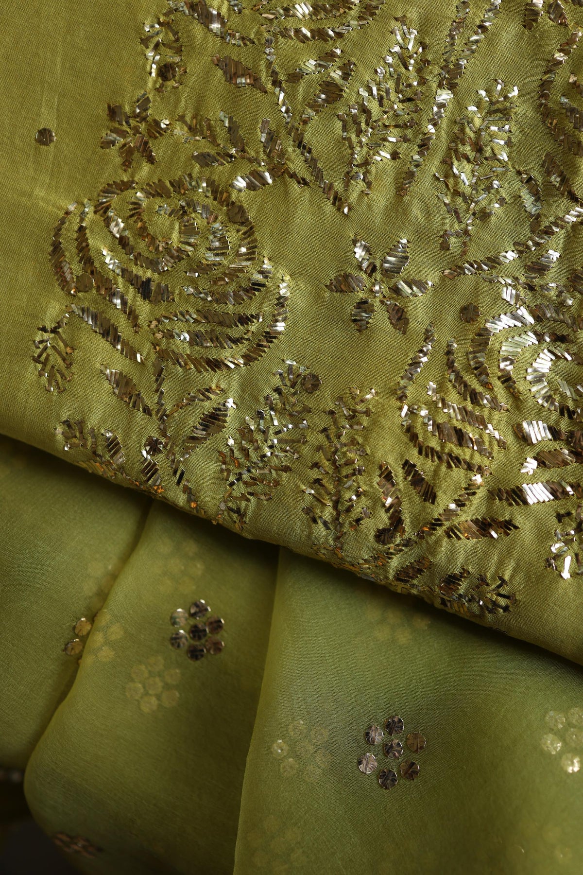 Olive Green Chanderi Silk Mukaish Badla Unstitched Fabric