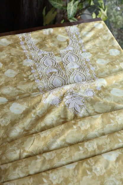 Olive Green Floral Cotton Kurta Fabric with Chikankari & Sequin Work