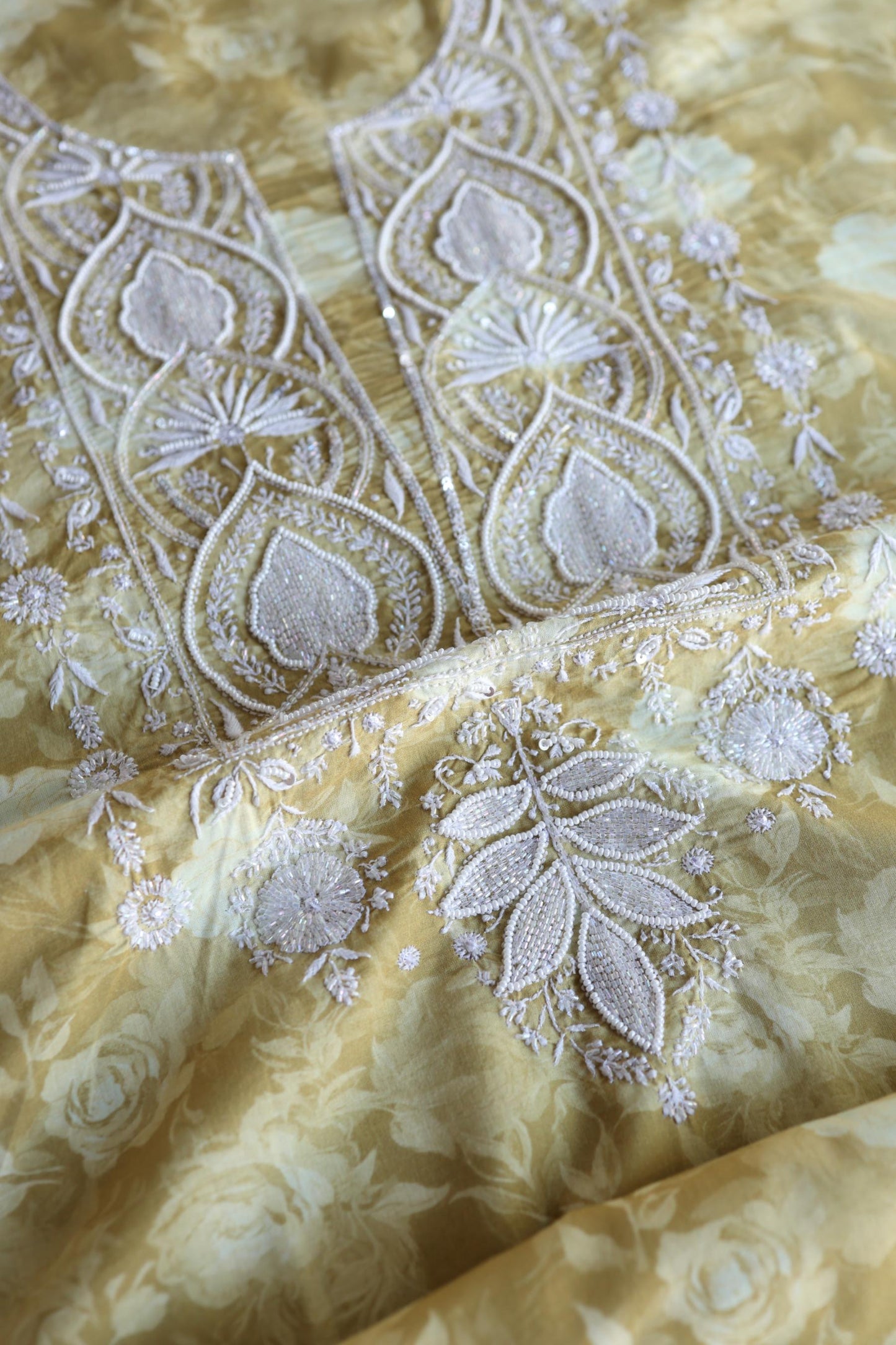 Olive Green Floral Cotton Kurta Fabric with Chikankari & Sequin Work