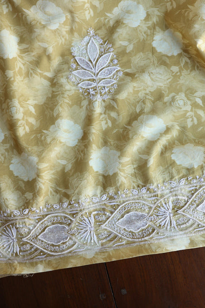 Olive Green Floral Cotton Kurta Fabric with Chikankari & Sequin Work