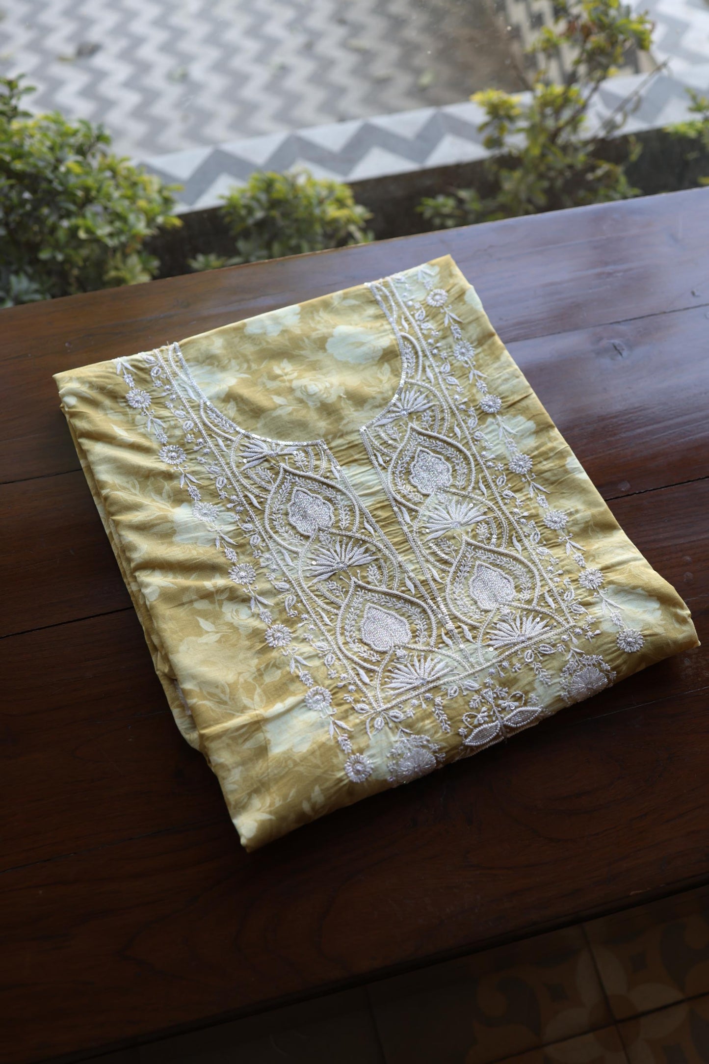 Olive Green Floral Cotton Kurta Fabric with Chikankari & Sequin Work