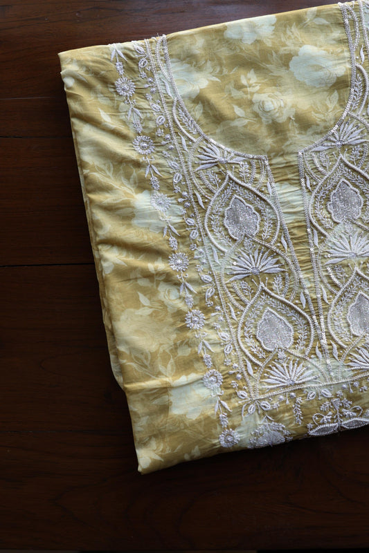Olive Green Floral Cotton Kurta Fabric with Chikankari & Sequin Work