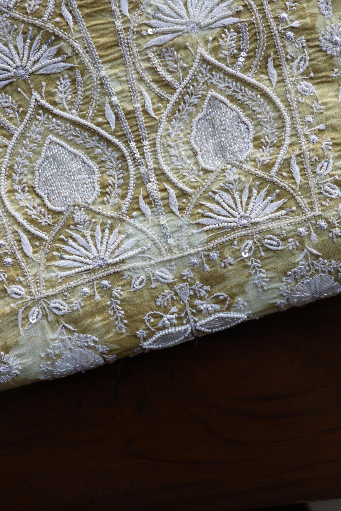 Olive Green Floral Cotton Kurta Fabric with Chikankari & Sequin Work