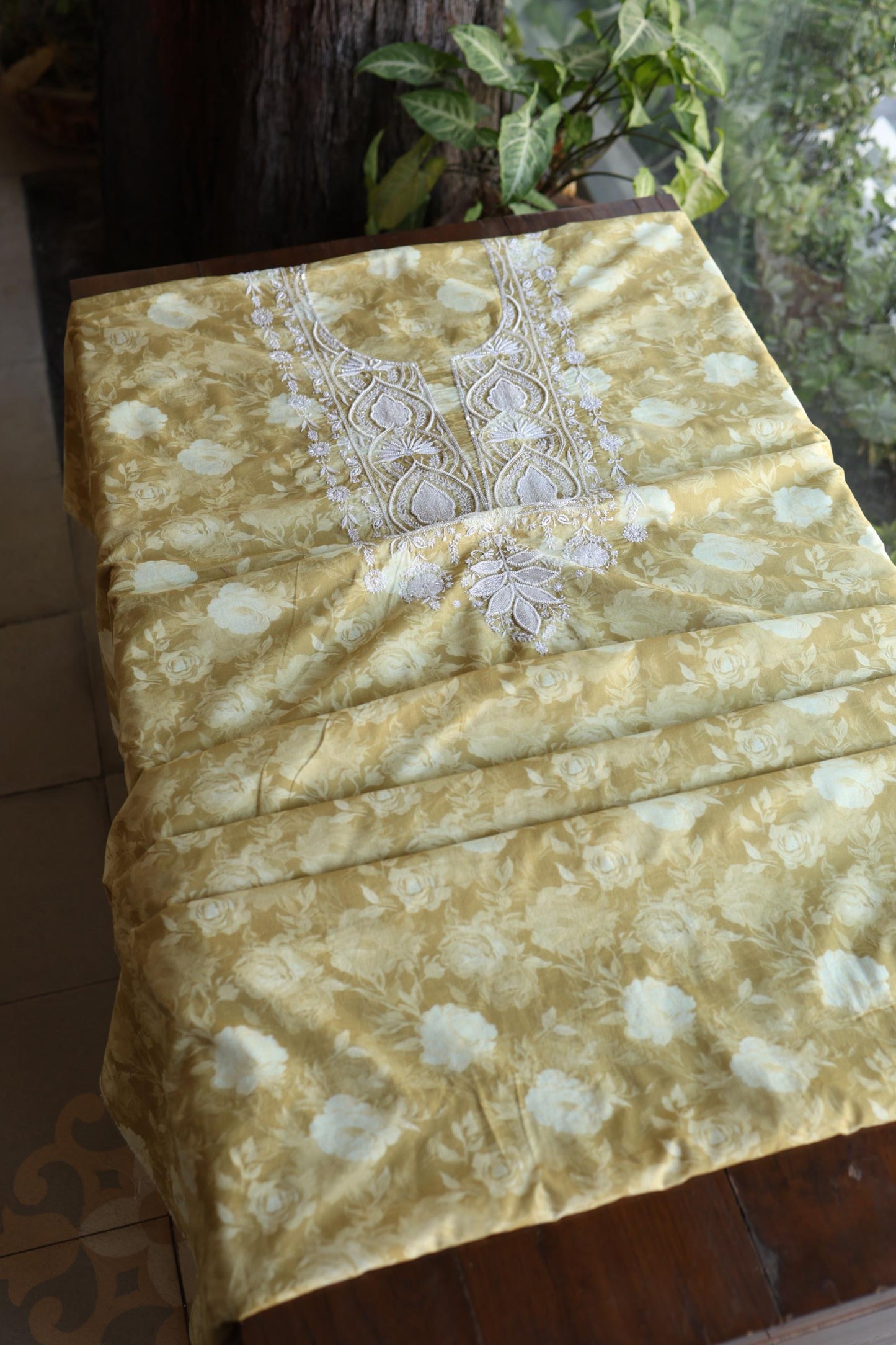 Olive Green Floral Cotton Kurta Fabric with Chikankari & Sequin Work