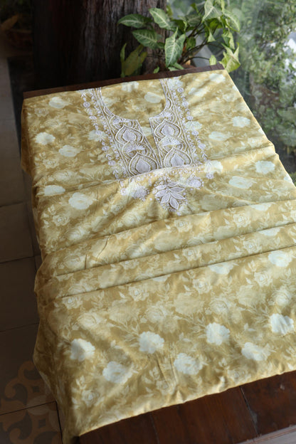 Olive Green Floral Cotton Kurta Fabric with Chikankari & Sequin Work