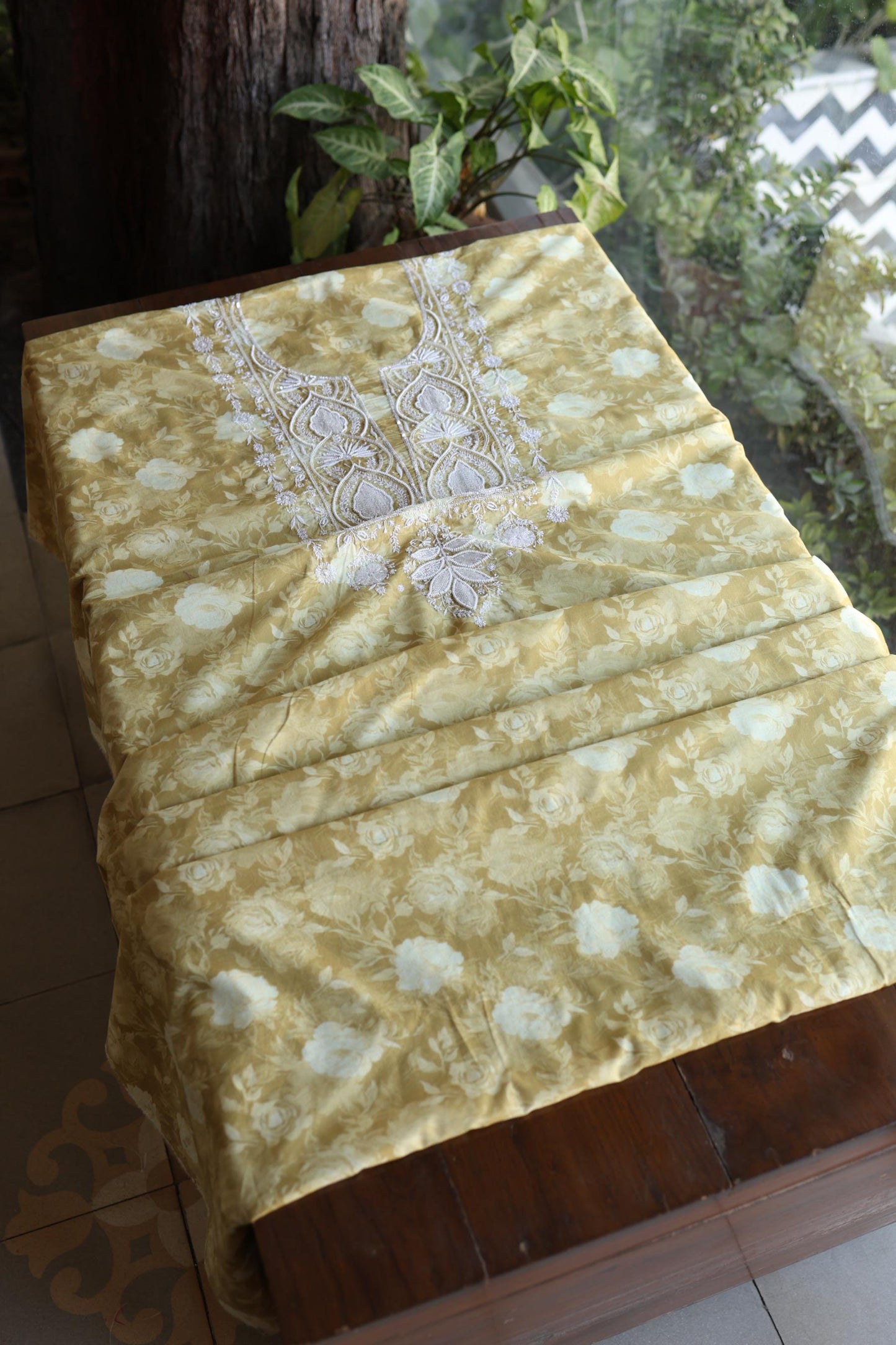 Olive Green Floral Cotton Kurta Fabric with Chikankari & Sequin Work