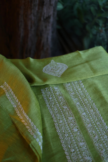 Olive Green Linen Chikankari Unstitched Men's Kurta Fabric