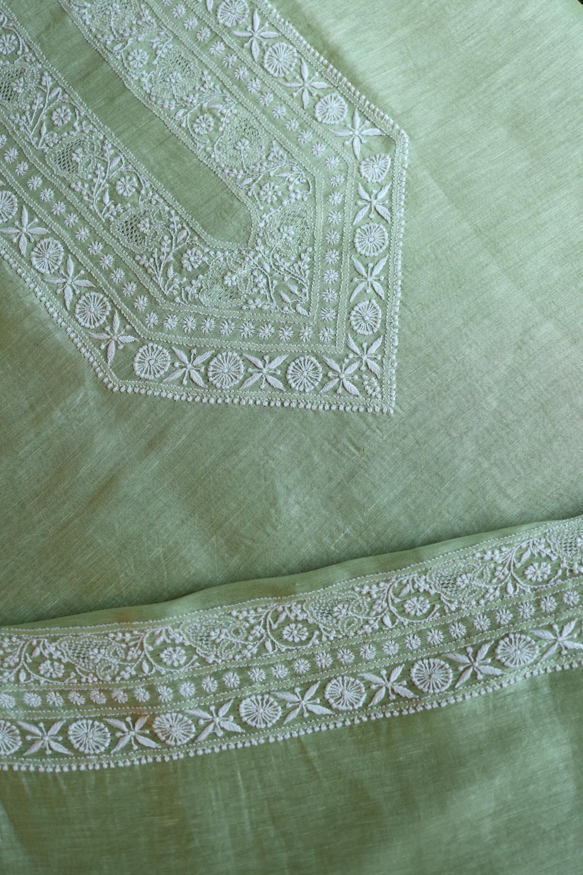 Olive Green Linen Chikankari Unstitched Men's Kurta Fabric