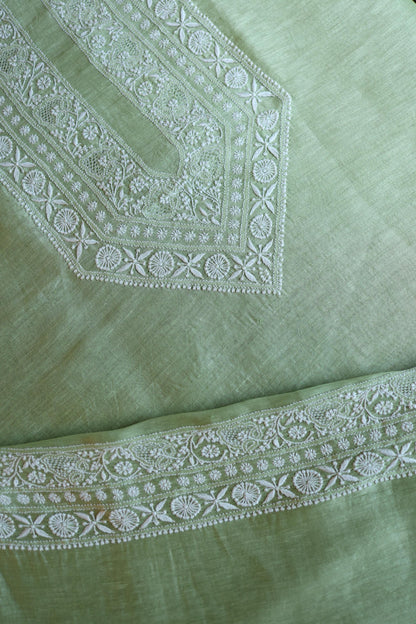 Olive Green Linen Chikankari Unstitched Men's Kurta Fabric