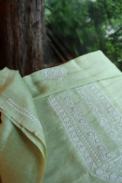 Olive Green Linen Chikankari Unstitched Men's Kurta Fabric