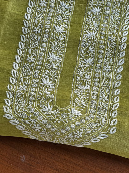 Olive Green Linen Chikankari Unstitched Men's Kurta Fabric
